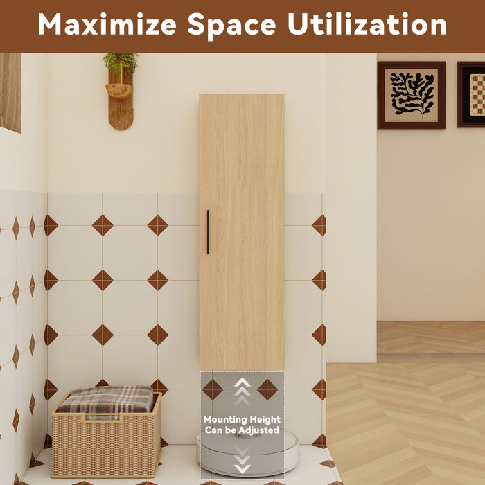 Tall Floating Bathroom Side Cabinet, Wall Mounted Single Door Storage - Light Oak