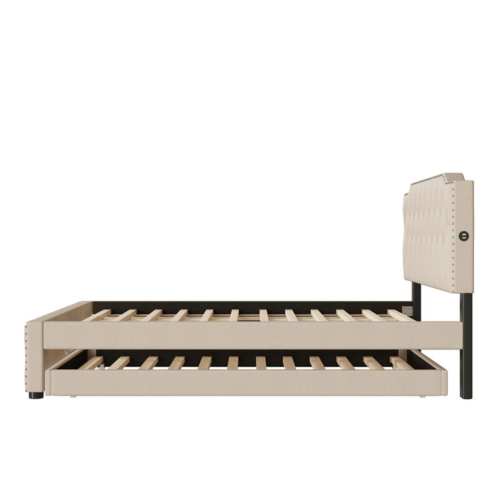Upholstered Platform Bed With Trundle And 2 Sets Of USB Ports On Each Side, Linen Fabric