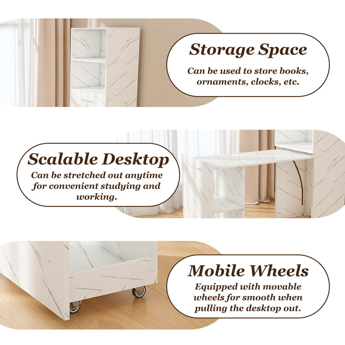 Stretchable Office Desk With Storage Shelves And Mobile Wheels, Foldable Design For Small Apartments - White Marble