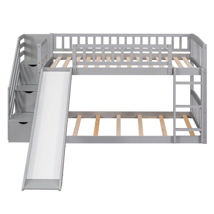 Twin Over Twin Bunk Stairway Bed With 2 Drawers And Slide - Gray
