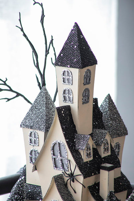 Cardboard Lighted Haunted House, Tabletop Holiday Halloween Decor, Battery Powered - Beige / Black