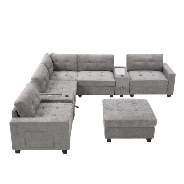 Sectional With Acrylic Table Top U Shaped Couch Set With 2 Consoles USB Charger, Storage Drawers And Pockets Movable Ottoman Tufted Sofa