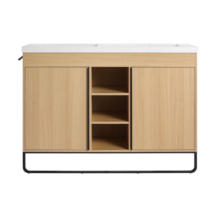 48" Freestanding Bathroom Vanity With Double Sink, 2 Soft Close Doors & 3 Open Shelves - Oak