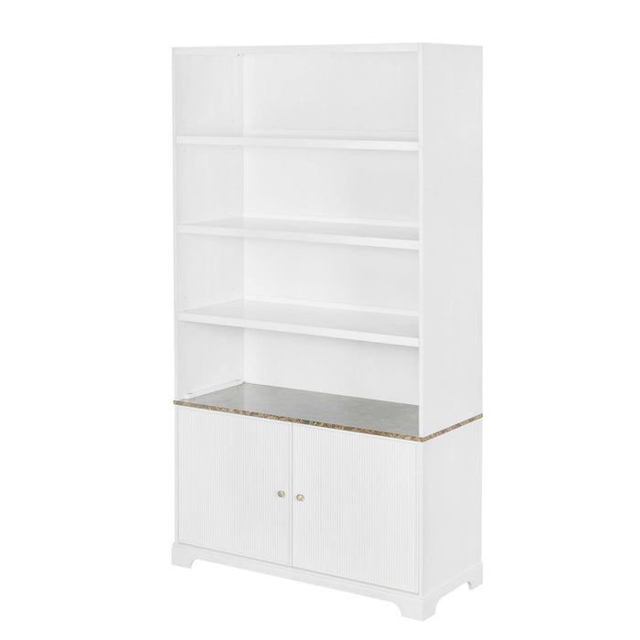 Tall Bookcase Storage Cabinet With 3 Open Shelves & Fluted Double Doors