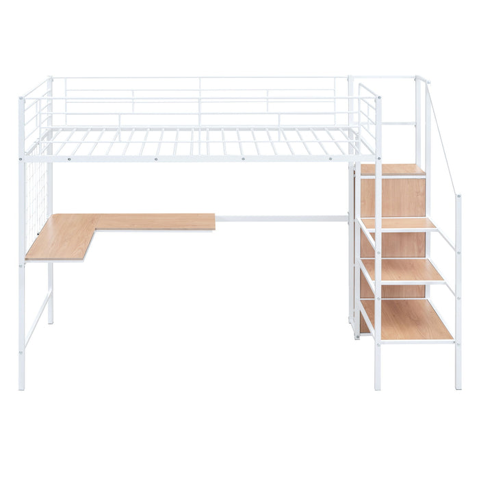 Loft Bed With Desk And Grid, Stylish Frame With Lateral Storage Ladder And Wardrobe
