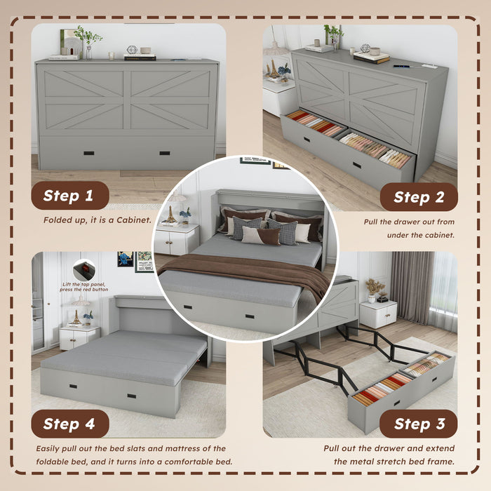 Murphy Bed With Storage Drawers And Charging Cabinet, Foldable Panels, Swivel Wheels