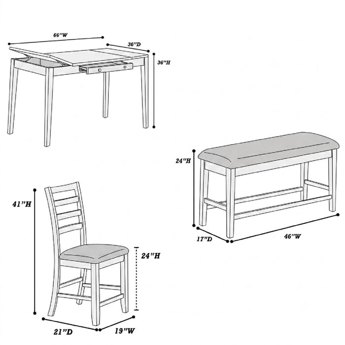6 Piece Counter Height Dining Set Table With Storage Ladder Back Chairs And Bench - Walnut