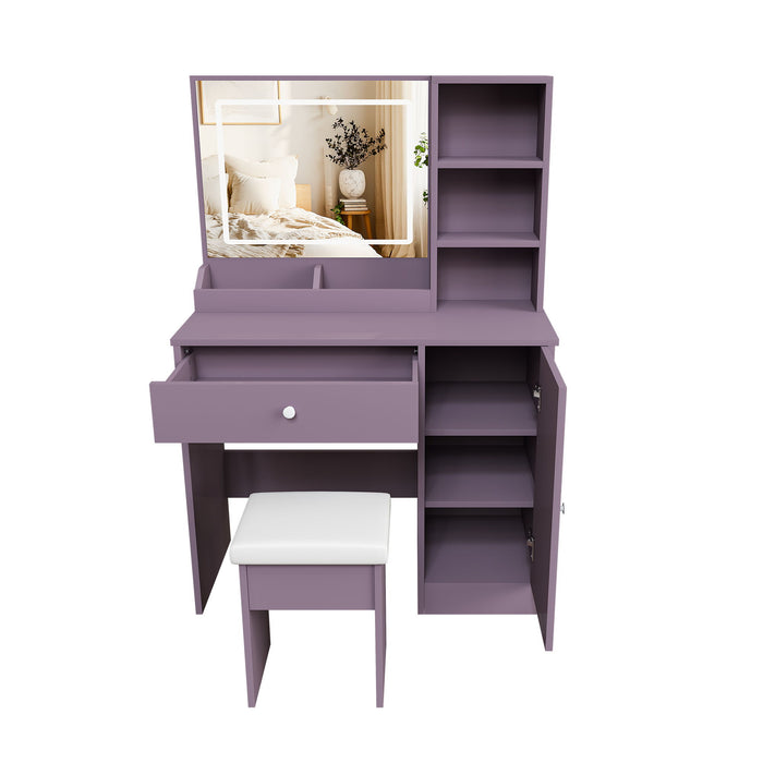 Vanity Desk Set With Padded Stool & Adjustable LED Mirror, 3 Color Mode Lighting, Compact For Bedroom - Purple
