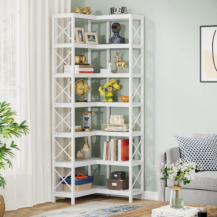 7 Tier Corner Bookshelf, Storage Unit For Living Room