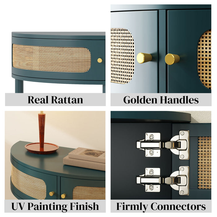 Boho Rattan Semi Circle End Table With Sliding Rattan Door, Storage And Bottom Shelf