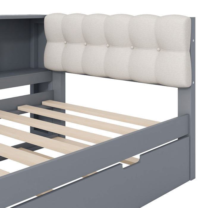 Upholstered Headboard Platform Bed With Storage Shelves, Trundle, Charging Station