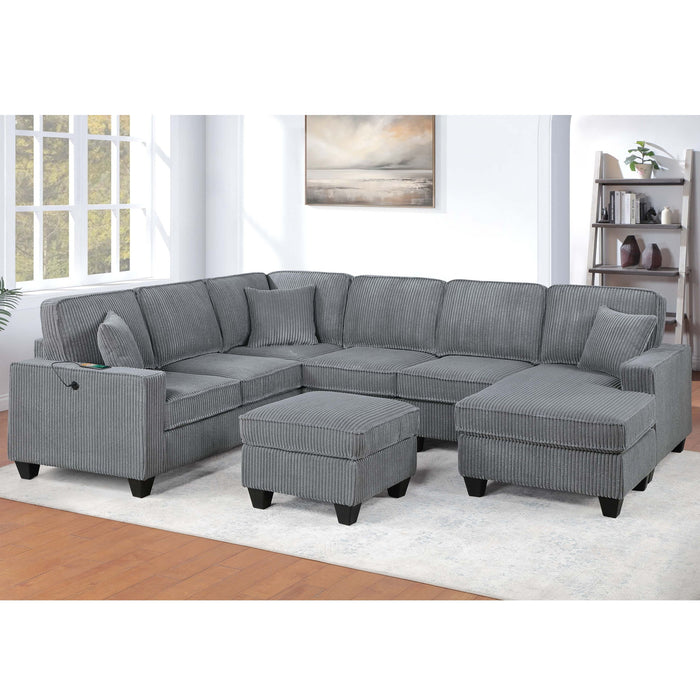 Left Arm Facing Loveseat With USB Port And Storage Sectional Set With Corner Wedge Armless Chair And Cocktail Ottoman - Fog