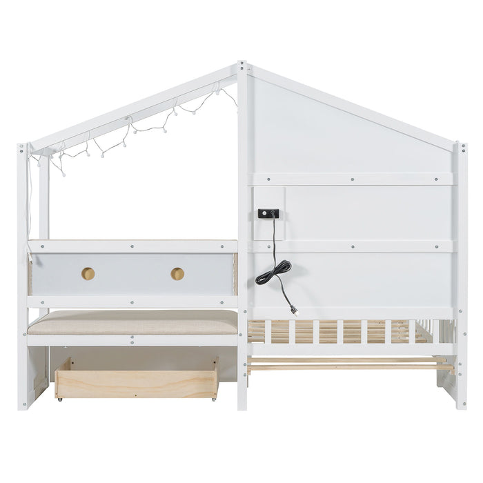 House Bed With Upholstered Sofa, Wireless Charging Station, Shelves And 2 Drawers