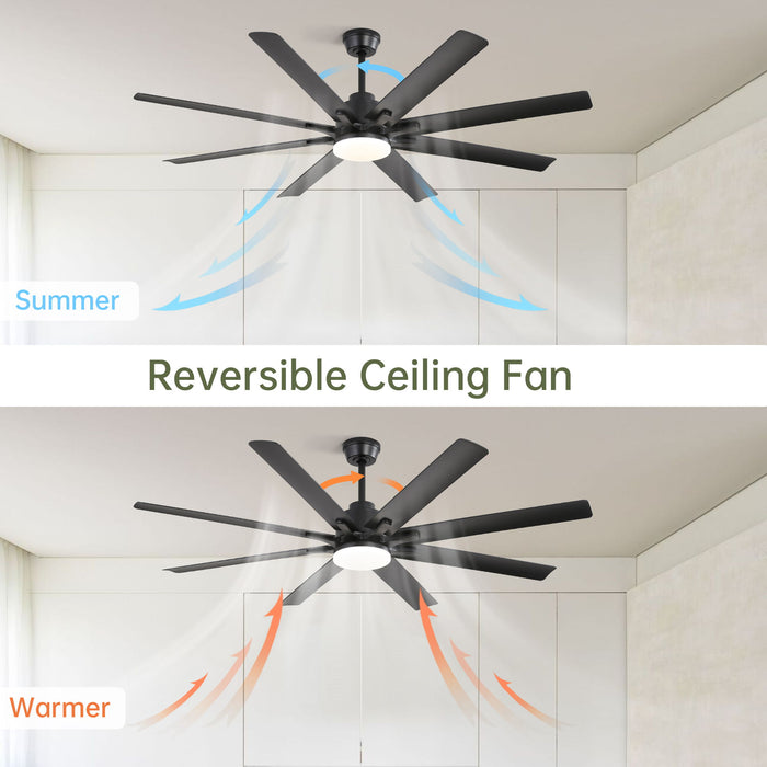 66" Ceiling Fan With Dimmable LED Light, 8 Blades, Smart Remote Control, Reversible DC Motor, For Home Office - Matte Black