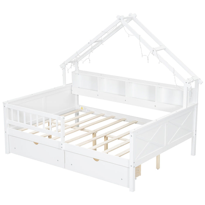 House Style Platform Bed With LED Lights, Storage Shelves, Drawers, And Guardrail