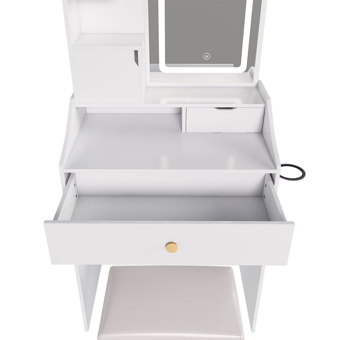 3 Color LED Vanity Mirror With Stool, Dressing Table For Bedroom, 2 Drawers & 5 Storage Cabinets (4 Open + 1 Hidden), Adjustable Lighting - White
