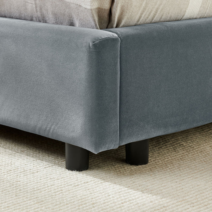 Mid-Century Upholstered Tufted Bed Frame With Backrest And Armrests