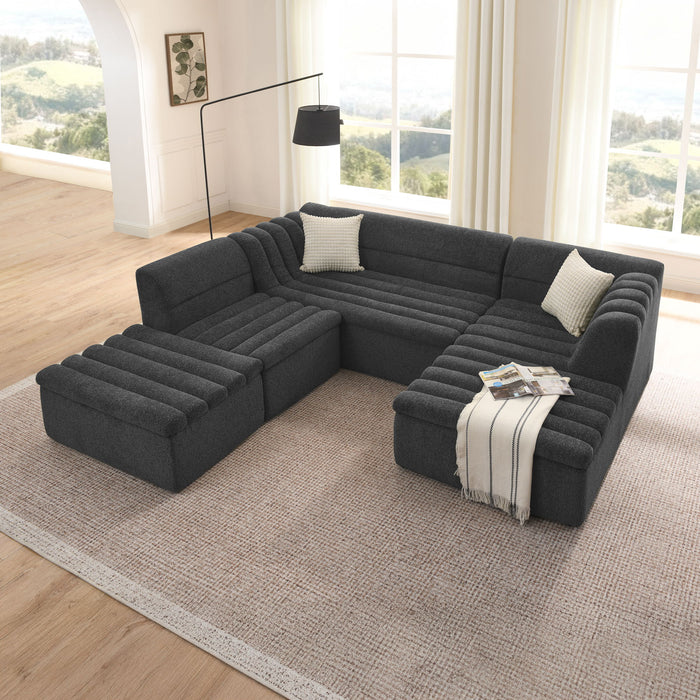 U-Shaped Modular Sectional Sofa With Chaise And Movable Ottoman With Wave-Shaped Armrest