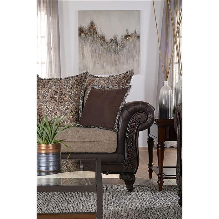 Brookridge - Rolled Arm Sofa With Ornate Details And Mixed Upholstery - Brown