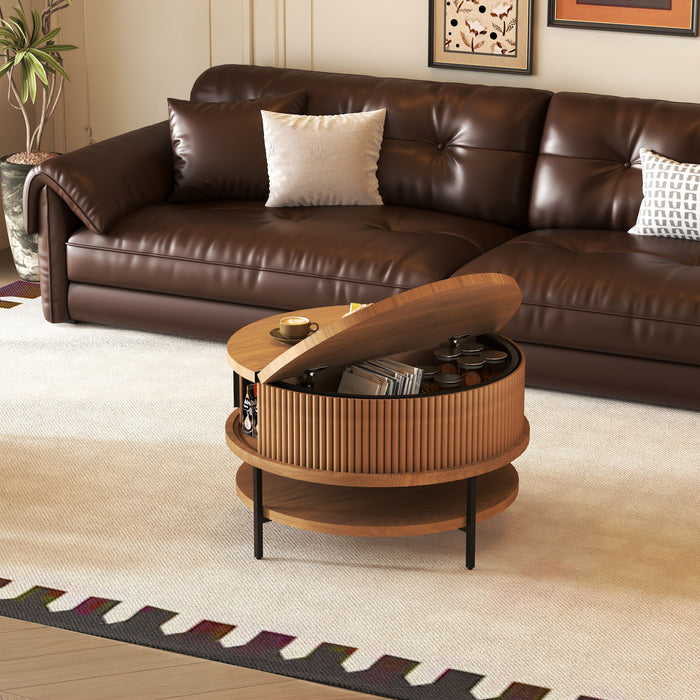 Flip-Top Round Coffee Table With Storage - Brown