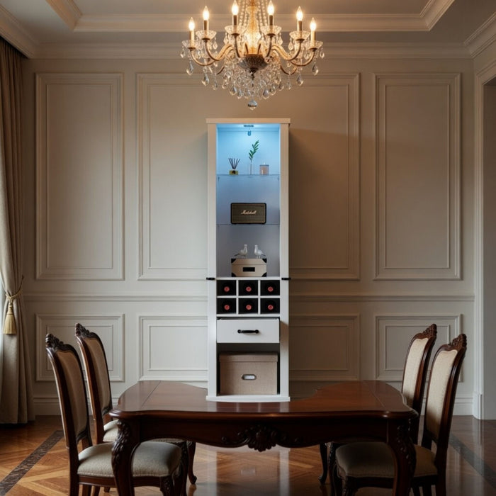 Pantry Cabinet With LED Lights, Wine Rack, Tempered Glass Shelves, And Barn Door Design - White