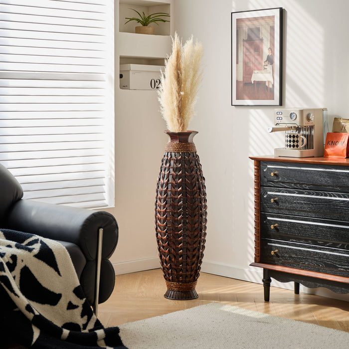 Hand Woven Bamboo Floor Vase, Decorative Accent For Living Room - Acacia Wood