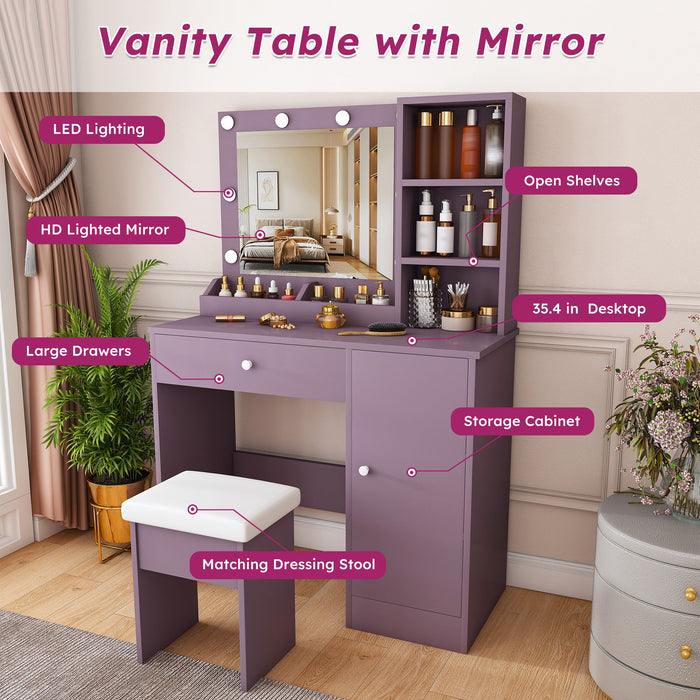 Vanity Desk Set With Padded Stool And Adjustable LED Mirror, 3 Color Light Modes - Purple