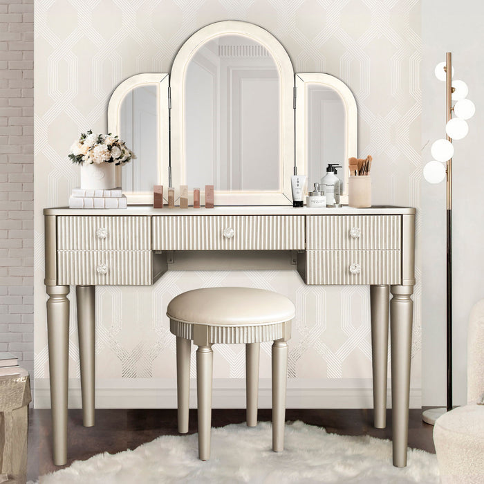 Mirrored Makeup Vanity Table Set With Adjustable Lighting And Storage