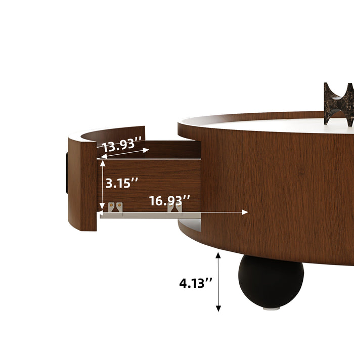 Round Coffee Table With Ball Feet, Pull Handle Storage Drawer - Bouguer Walnut / Brown