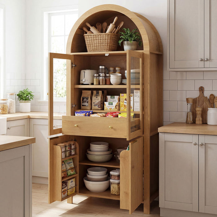 Fluted Tall Arched Pantry Cabinet With Adjustable Shelves