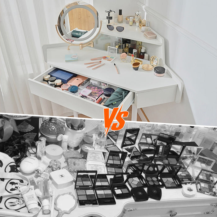 Modern Corner Makeup Vanity Desk With Large Storage, LED Mirror & Stool, Adjustable Brightness, Space Saving - White