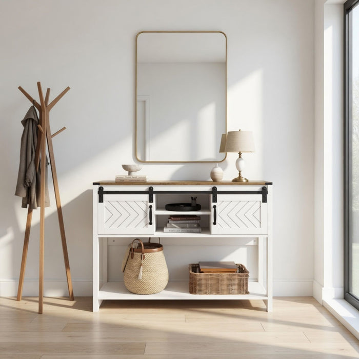Entryway Table With Sliding Barn Door Storage - White / Oak