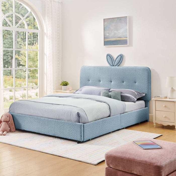 Upholstered Bed With Oversized Rabbit Ear Headboard, LED Lights & 4 Storage Drawers
