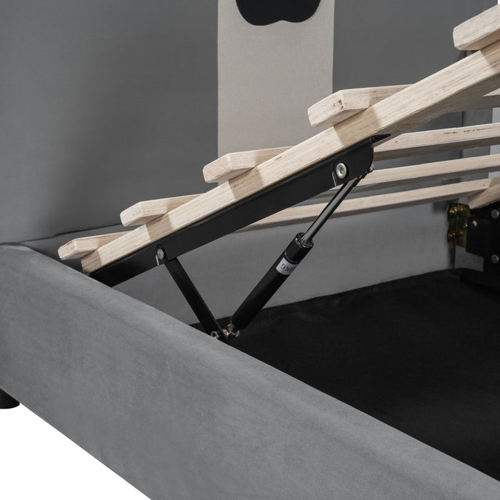 Upholstered Daybed With Bear Shaped Headboard, Hydraulic System And Breathable Mesh Fence