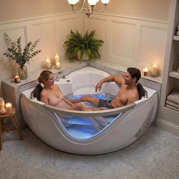 Xavier - Double Corner Massage Bathtub, Equipped With Gfci Plug And Ul Certified Water Pump, Upc Certified Drain - Milk White