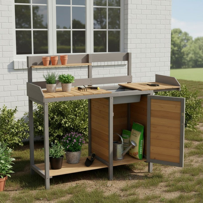 Outdoor Potting - Bench, Workstation Table With Cabinet For Backyard Garden Supplies - Brown / Gray