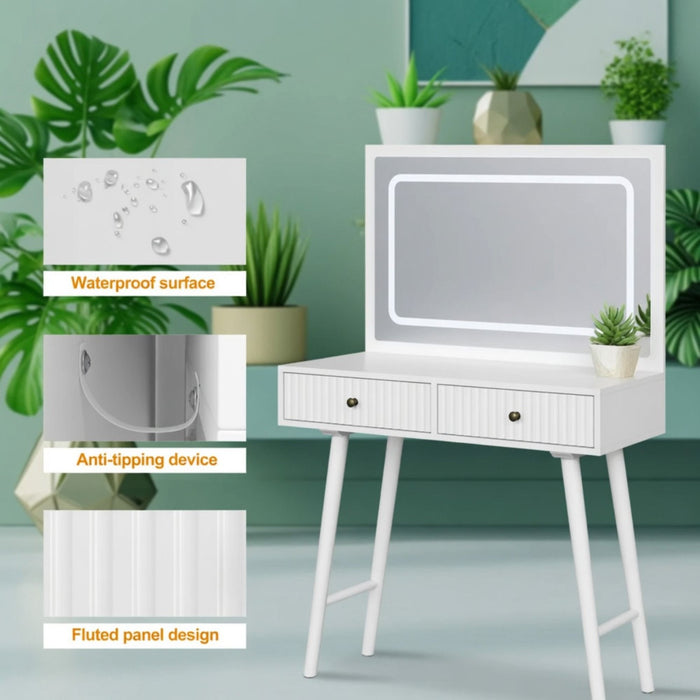 Fluted Vanity Desk With Lighted Mirror & Outlet 4 Drawer, Makeup Table - White