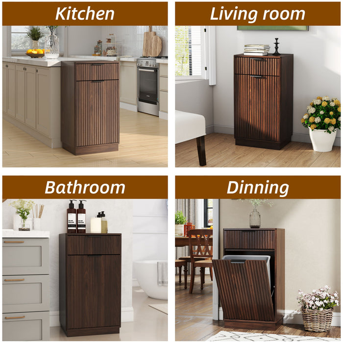 Tilt Out Trash Can Cabinet With Wave Textured Drawer & Pull Out Bin