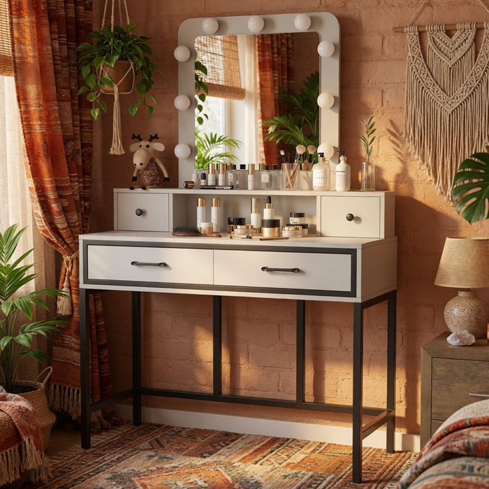 Vanity Desk With 3 Color Lighted Mirror And 4 Drawers