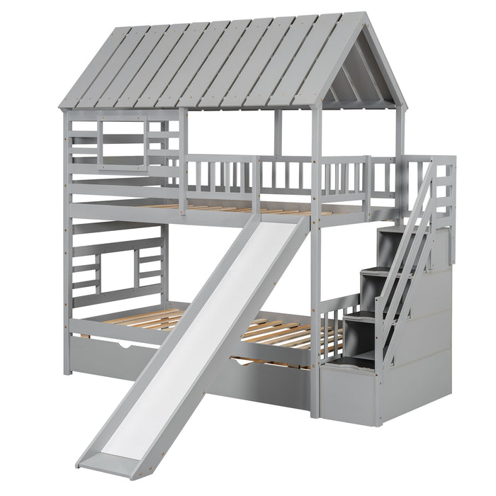 House Bunk Bed With Trundle, Storage Staircase, Roof And Window Design
