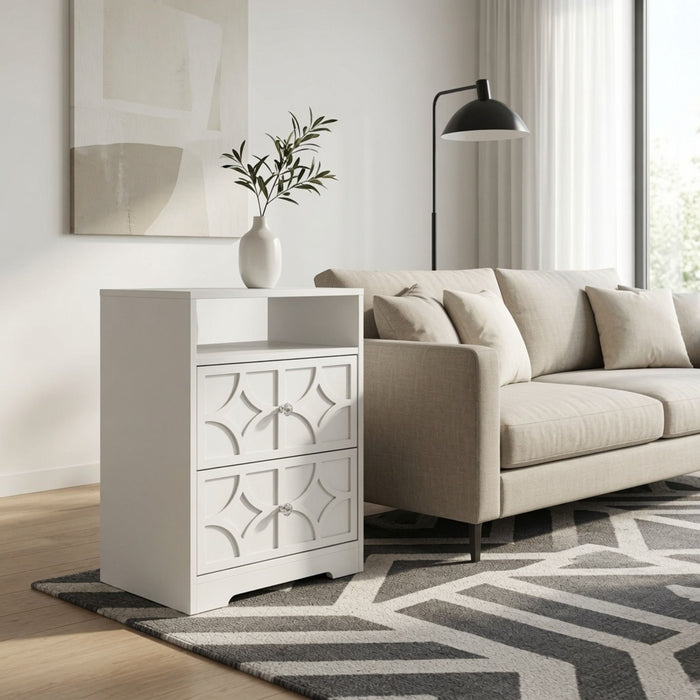 Nightstand With Diamond Carvings Handles, 2 Drawers & Charging Station