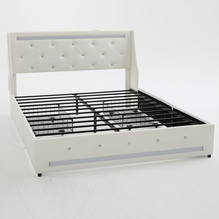 Wingback Upholstered Bed Frame With LED Lights, Charging Station