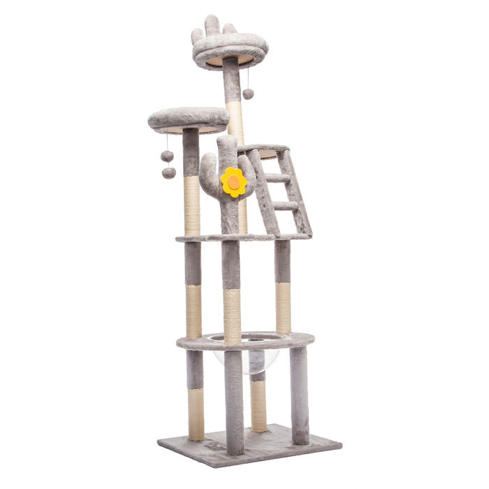 Cactus Cat Tree With Transparent Capsule, Sisal Scratching Posts - Gray