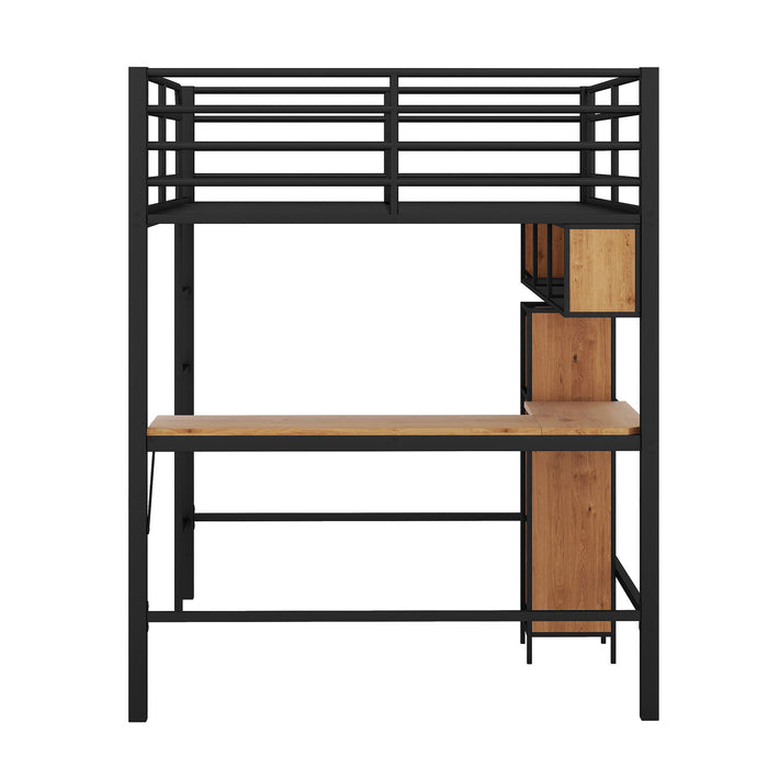Full Size & Loft Bed With L-Shaped Desk And Shelves - Black