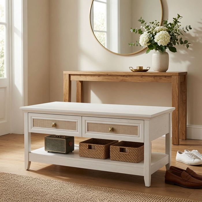 Coffee Table With Drawers & Storage Shelf - White