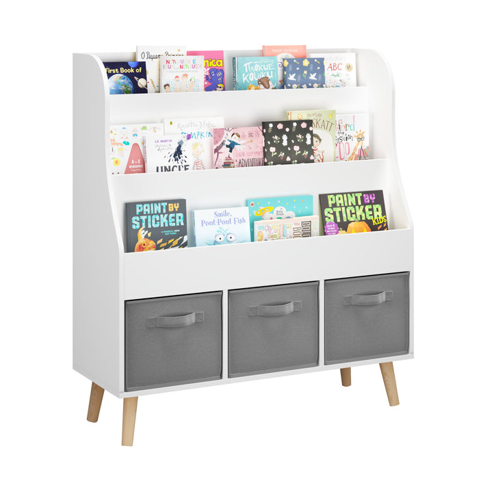 Bookshelf With 3 Storage Bins, Book Display Organizer, Front Facing Book Rack - White
