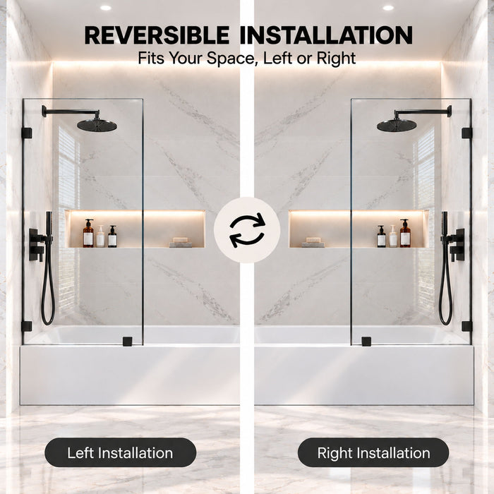 Frameless Bathtub Shower Screen, Reversible Installation