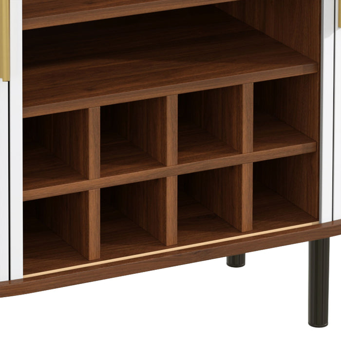 Fluted Wine Bar Cabinet With 8 Grid Wine Rack, 5 Level Adjustable Shelves, 2 Glass Holders