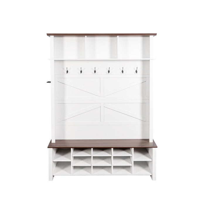 4 In 1 Hall Tree With 6 Hooks, Entryway Bench With Adjustable Shelves - White