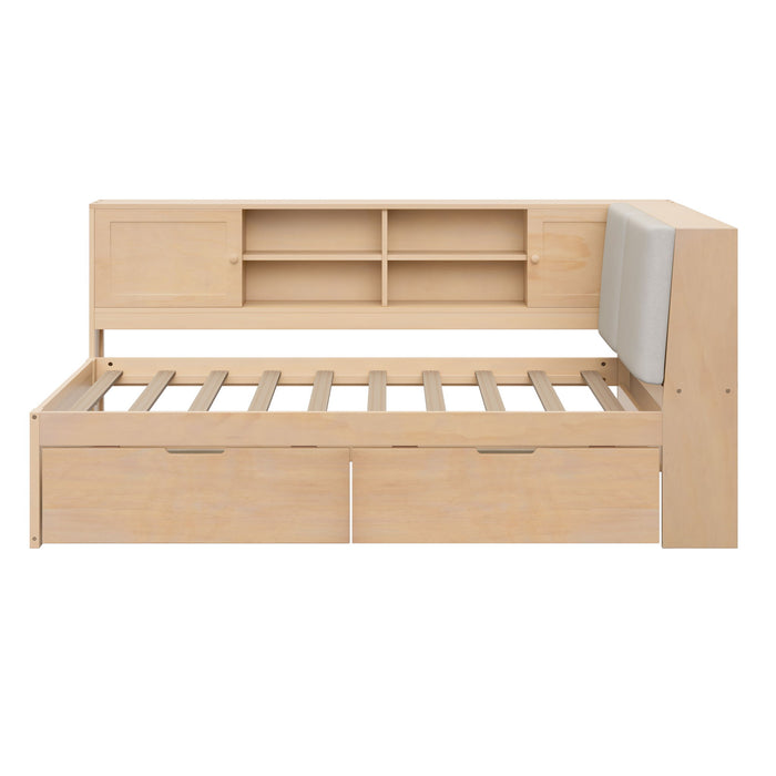 Twin L - Shaped Daybed With Storage Bookcase, Upholstered Headboard, USB Charging Ports & Hidden Drawers - Natural